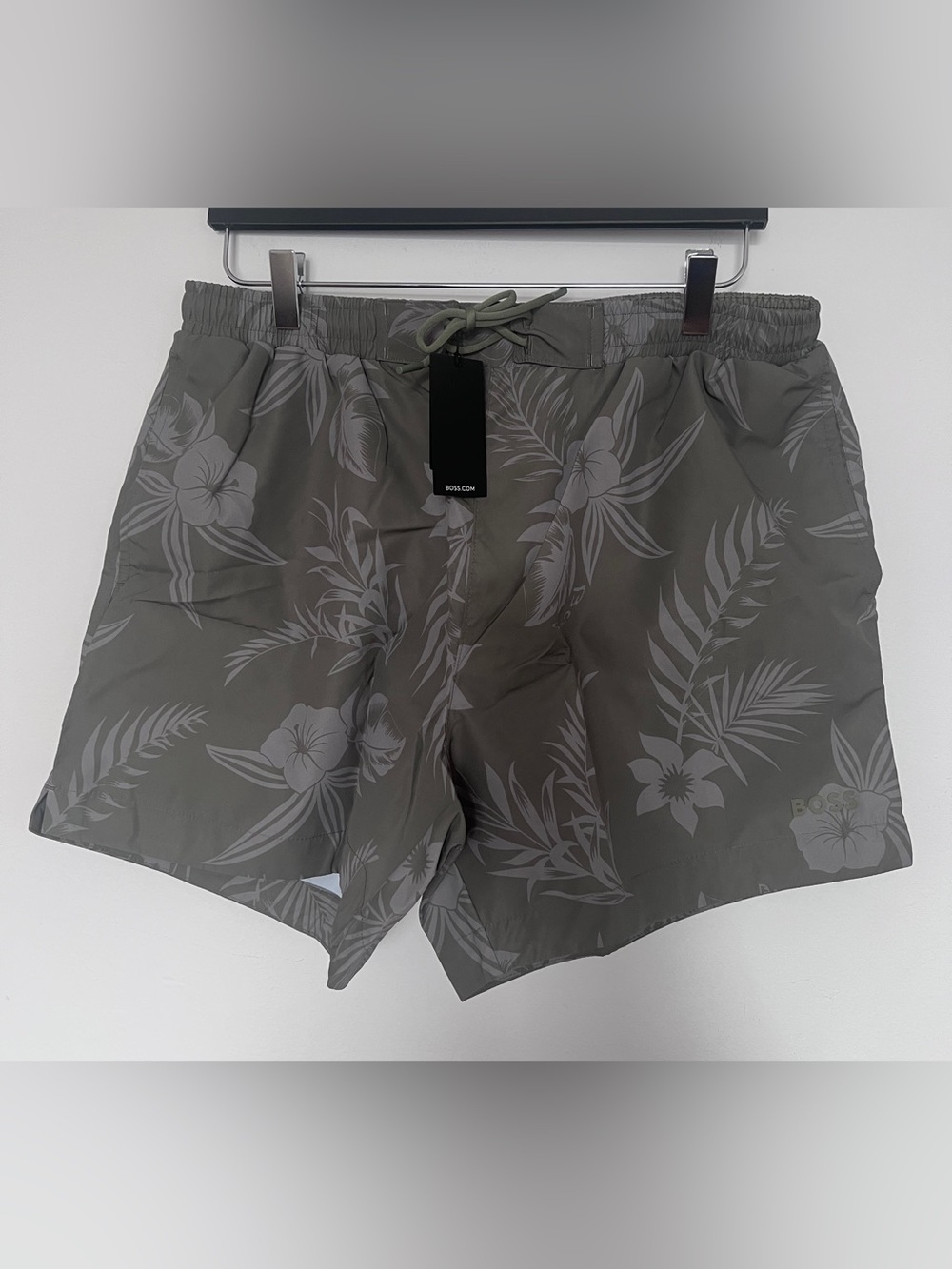 Boss Olive Green Floral-Print men’s Swim Trunks